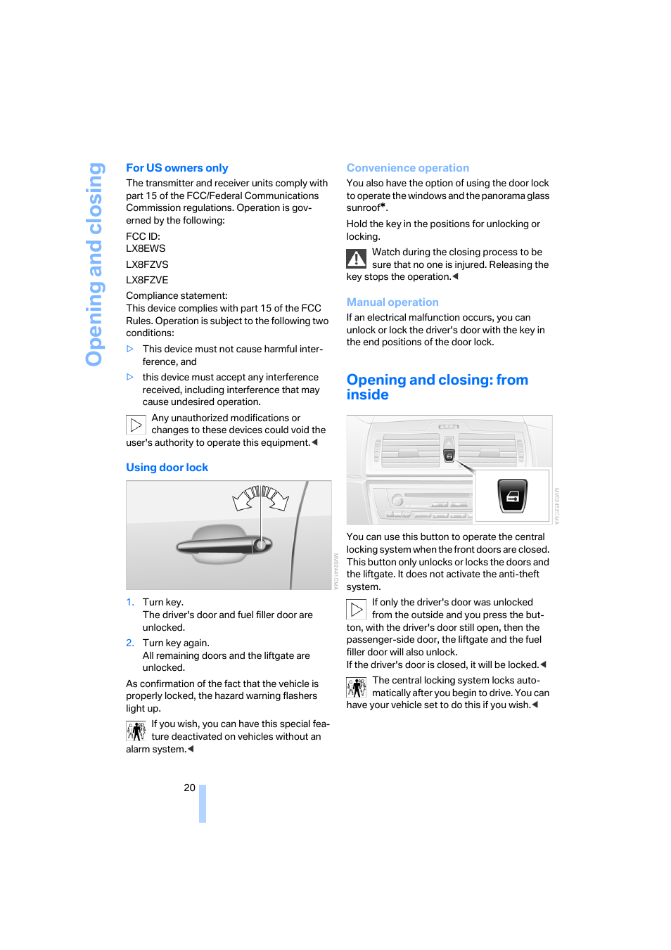 Opening and closing: from inside, Opening and closing | BMW X3 3.0i SAV 2006 User Manual | Page 22 / 133