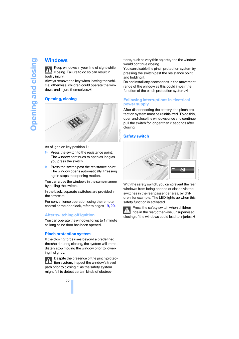 Windows, Opening and closing | BMW X3 3.0i SAV 2006 User Manual | Page 24 / 133