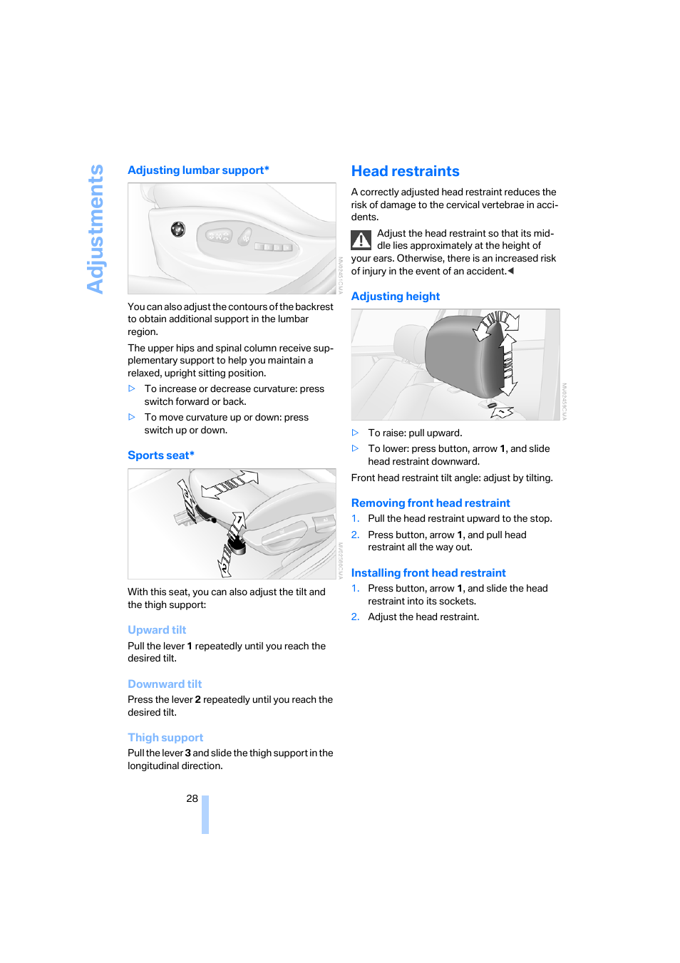 Head restraints, Adju stmen ts | BMW X3 3.0i SAV 2006 User Manual | Page 30 / 133