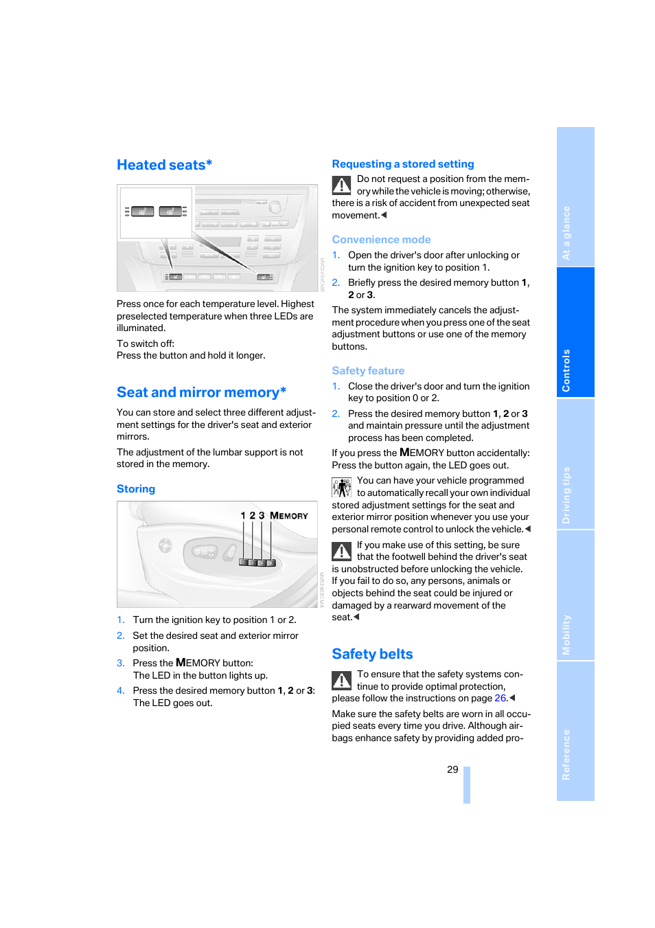 Heated seats, Seat and mirror memory, Safety belts | BMW X3 3.0i SAV 2006 User Manual | Page 31 / 133