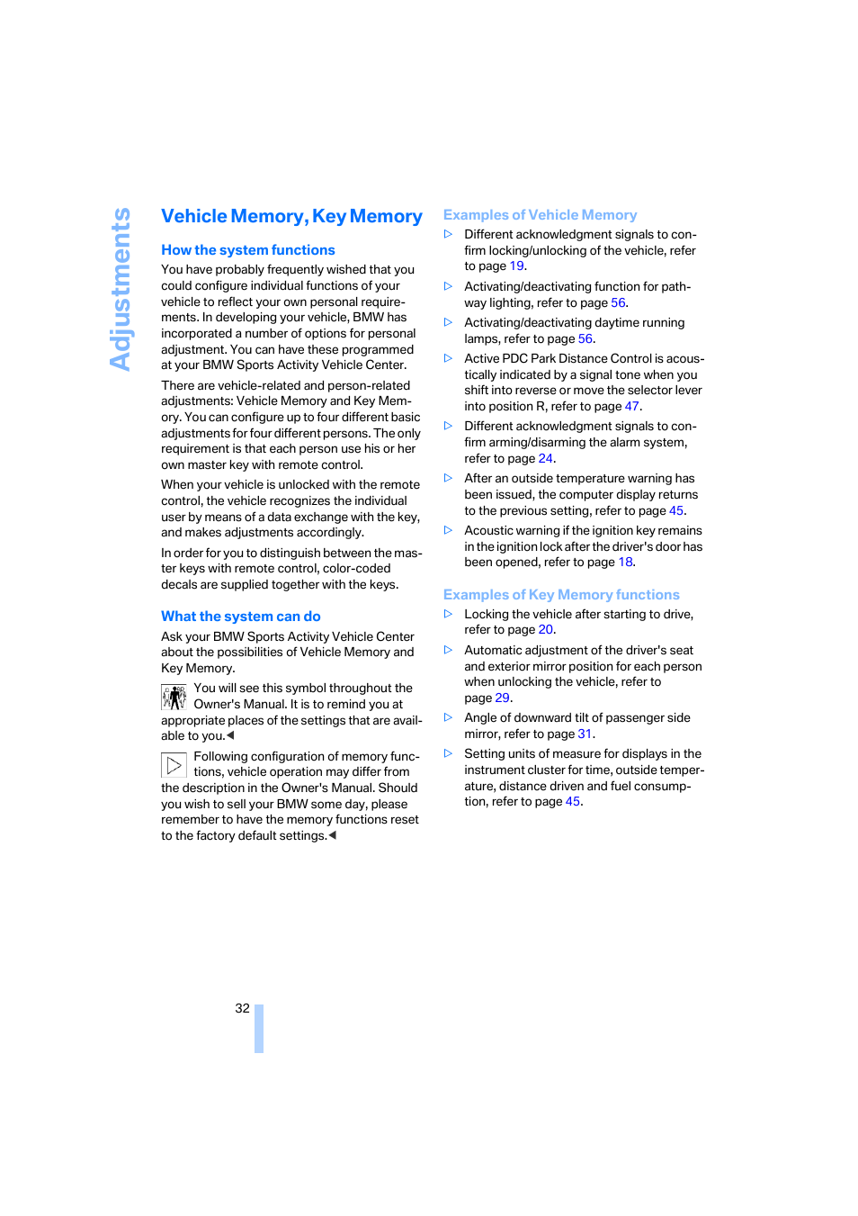 Vehicle memory, key memory, Adju stmen ts | BMW X3 3.0i SAV 2006 User Manual | Page 34 / 133