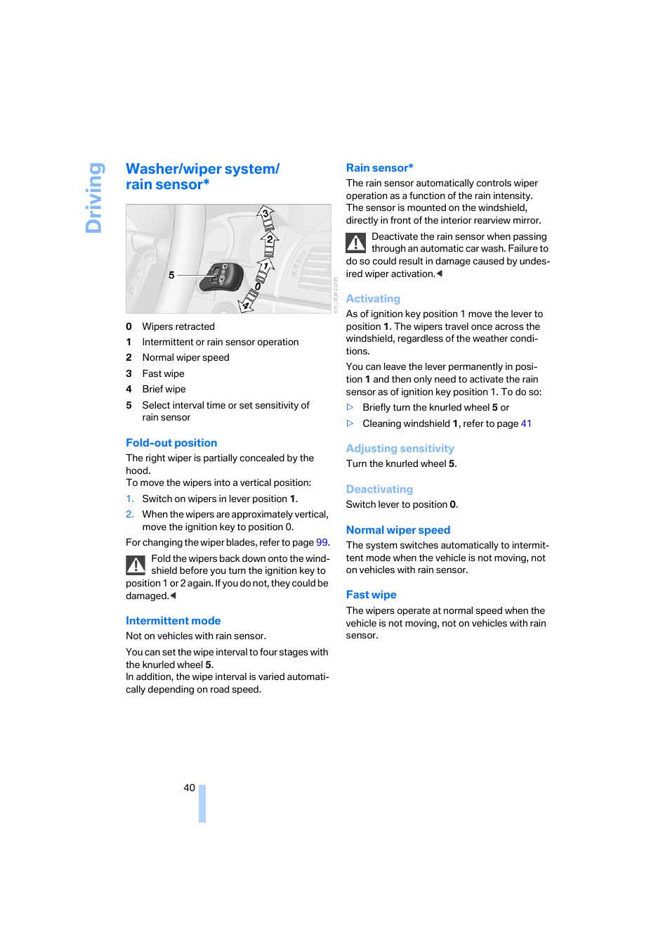 Washer/wiper system/ rain sensor, Driving | BMW X3 3.0i SAV 2006 User Manual | Page 42 / 133