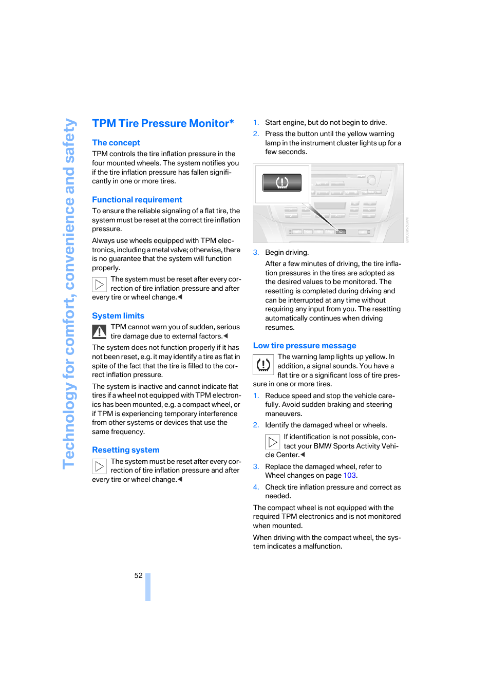 Tpm tire pressure monitor | BMW X3 3.0i SAV 2006 User Manual | Page 54 / 133