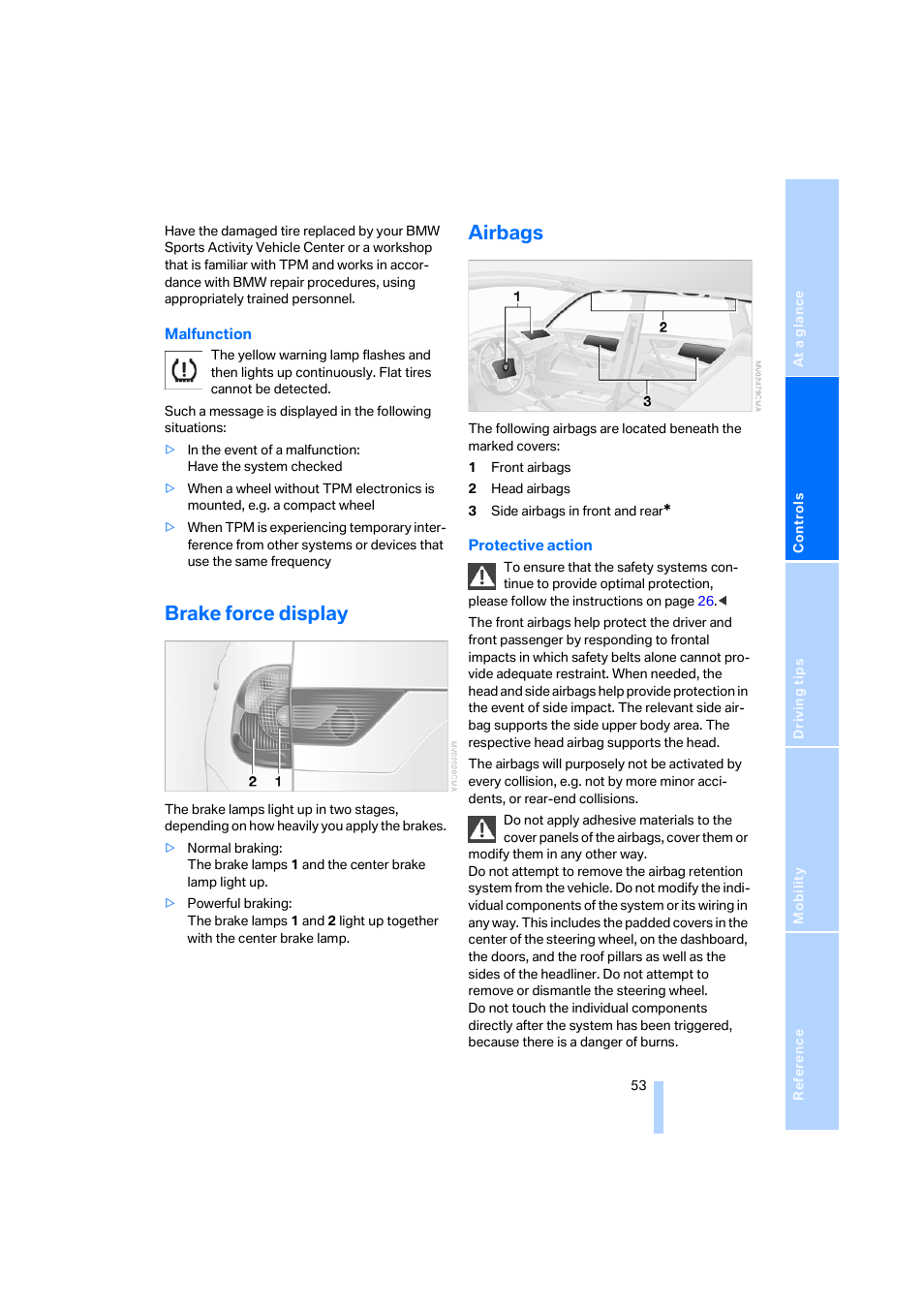 Brake force display, Airbags | BMW X3 3.0i SAV 2006 User Manual | Page 55 / 133