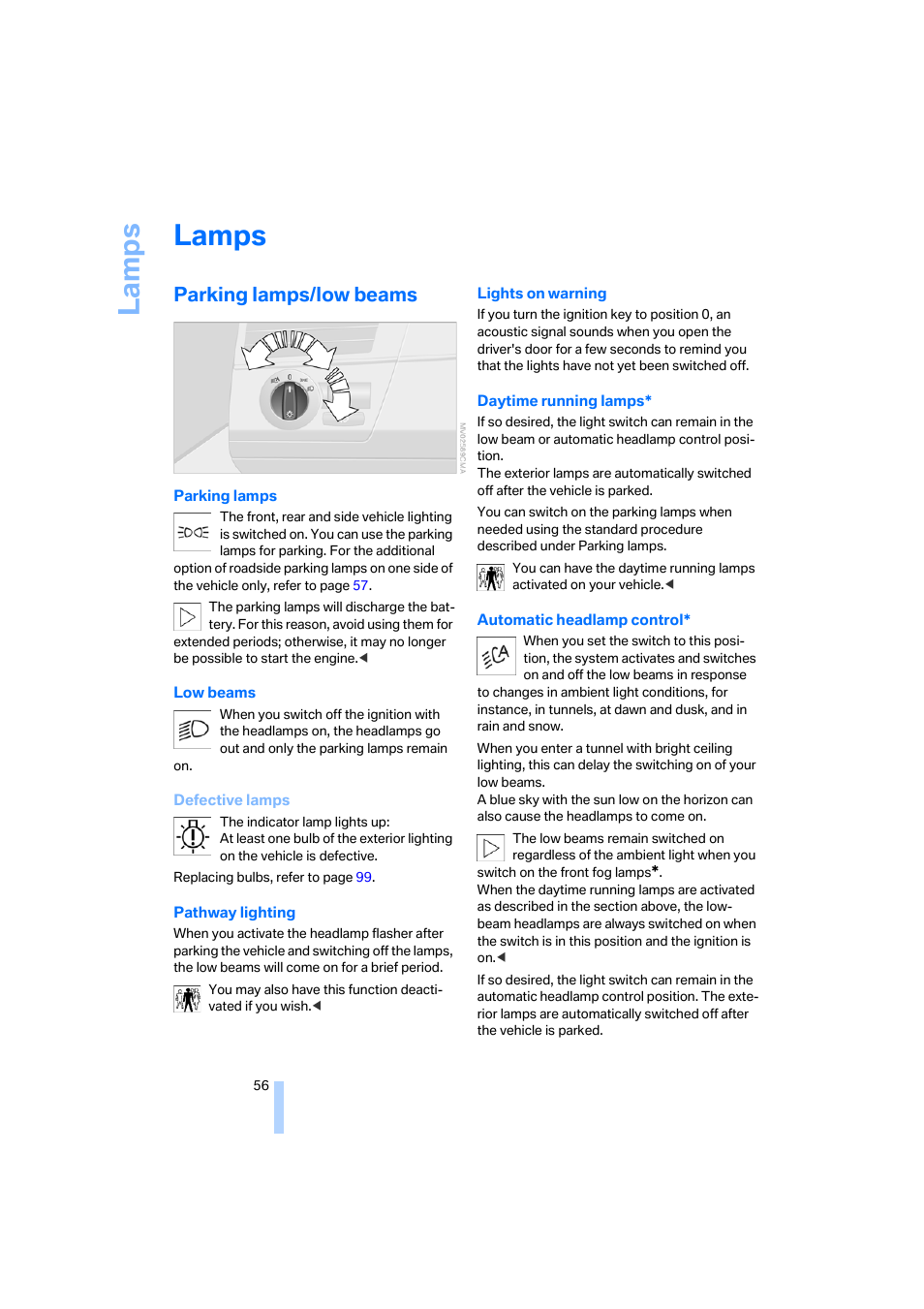 Lamps, Parking lamps/low beams, La mp s | BMW X3 3.0i SAV 2006 User Manual | Page 58 / 133