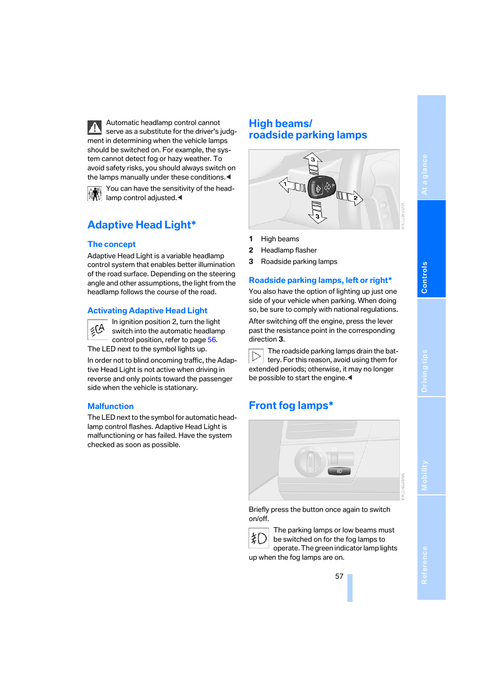 Adaptive head light, High beams/ roadside parking lamps, Front fog lamps | BMW X3 3.0i SAV 2006 User Manual | Page 59 / 133