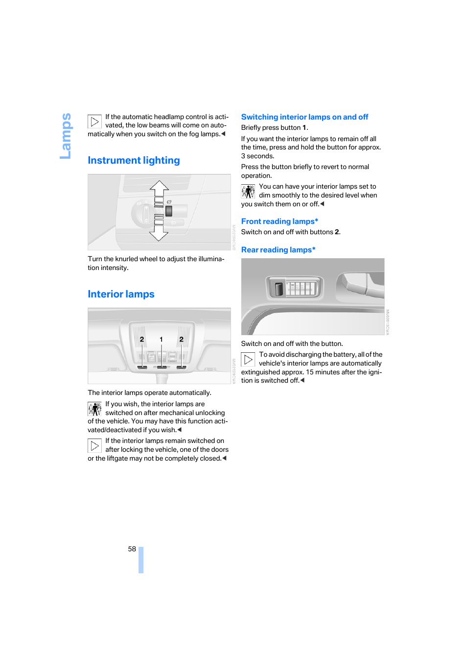 Instrument lighting, Interior lamps, La mp s | BMW X3 3.0i SAV 2006 User Manual | Page 60 / 133