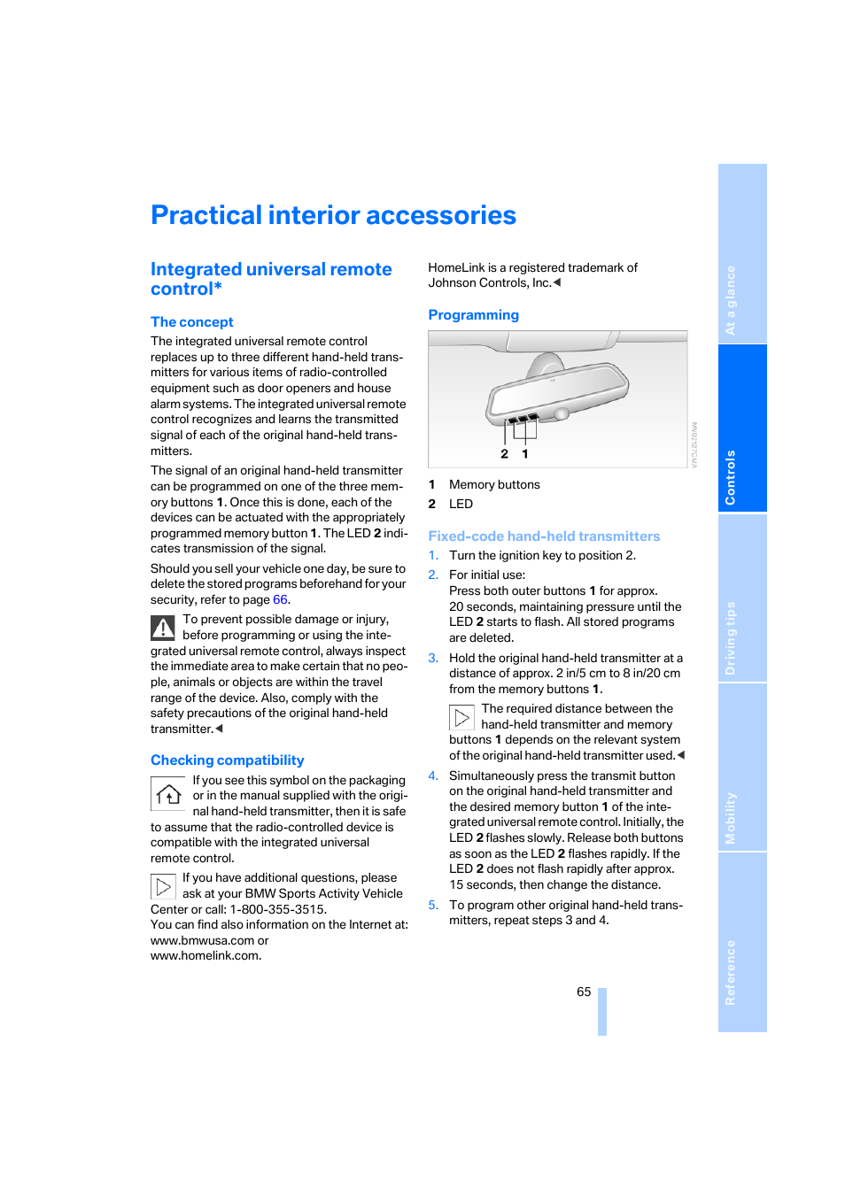 Practical interior accessories, Integrated universal remote control | BMW X3 3.0i SAV 2006 User Manual | Page 67 / 133