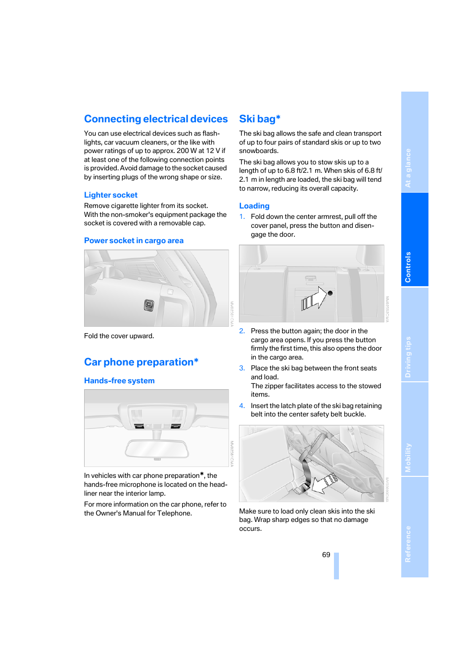 Connecting electrical devices, Car phone preparation, Ski bag | BMW X3 3.0i SAV 2006 User Manual | Page 71 / 133