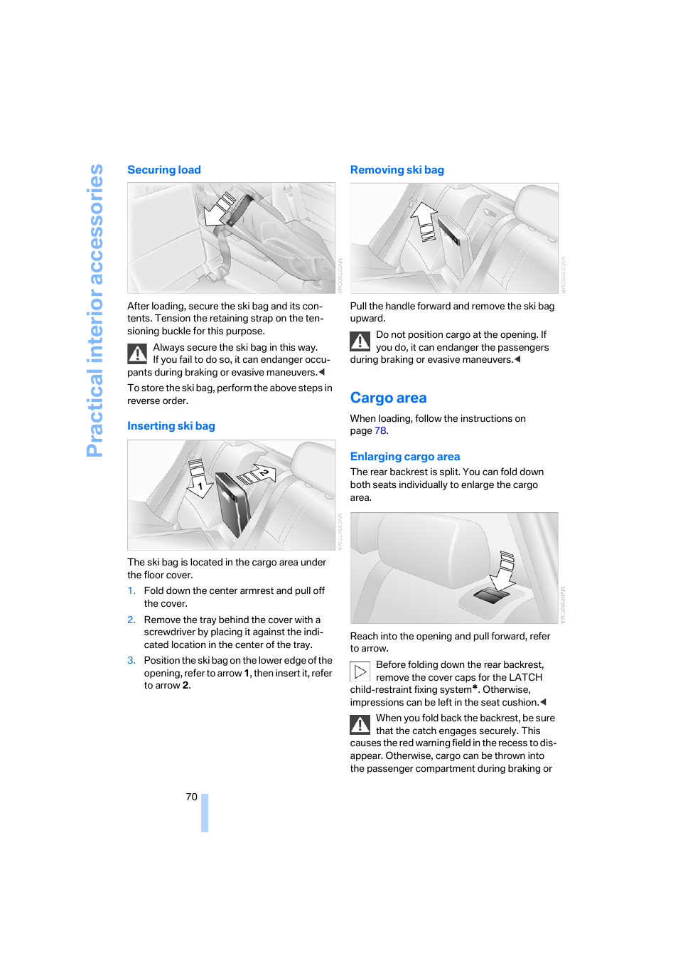 Cargo area, Practical interi or acc ess orie s | BMW X3 3.0i SAV 2006 User Manual | Page 72 / 133