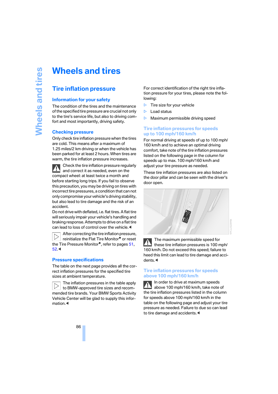 Wheels and tires, Tire inflation pressure, Wh eels and tire s | BMW X3 3.0i SAV 2006 User Manual | Page 88 / 133