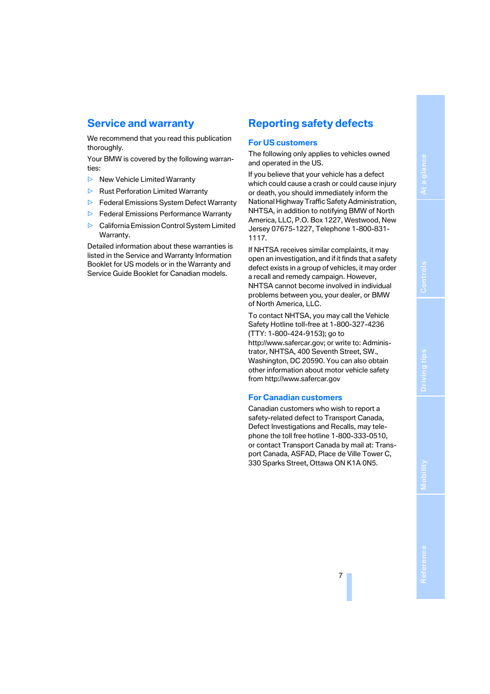 Service and warranty, Reporting safety defects | BMW X3 3.0i SAV 2006 User Manual | Page 9 / 133