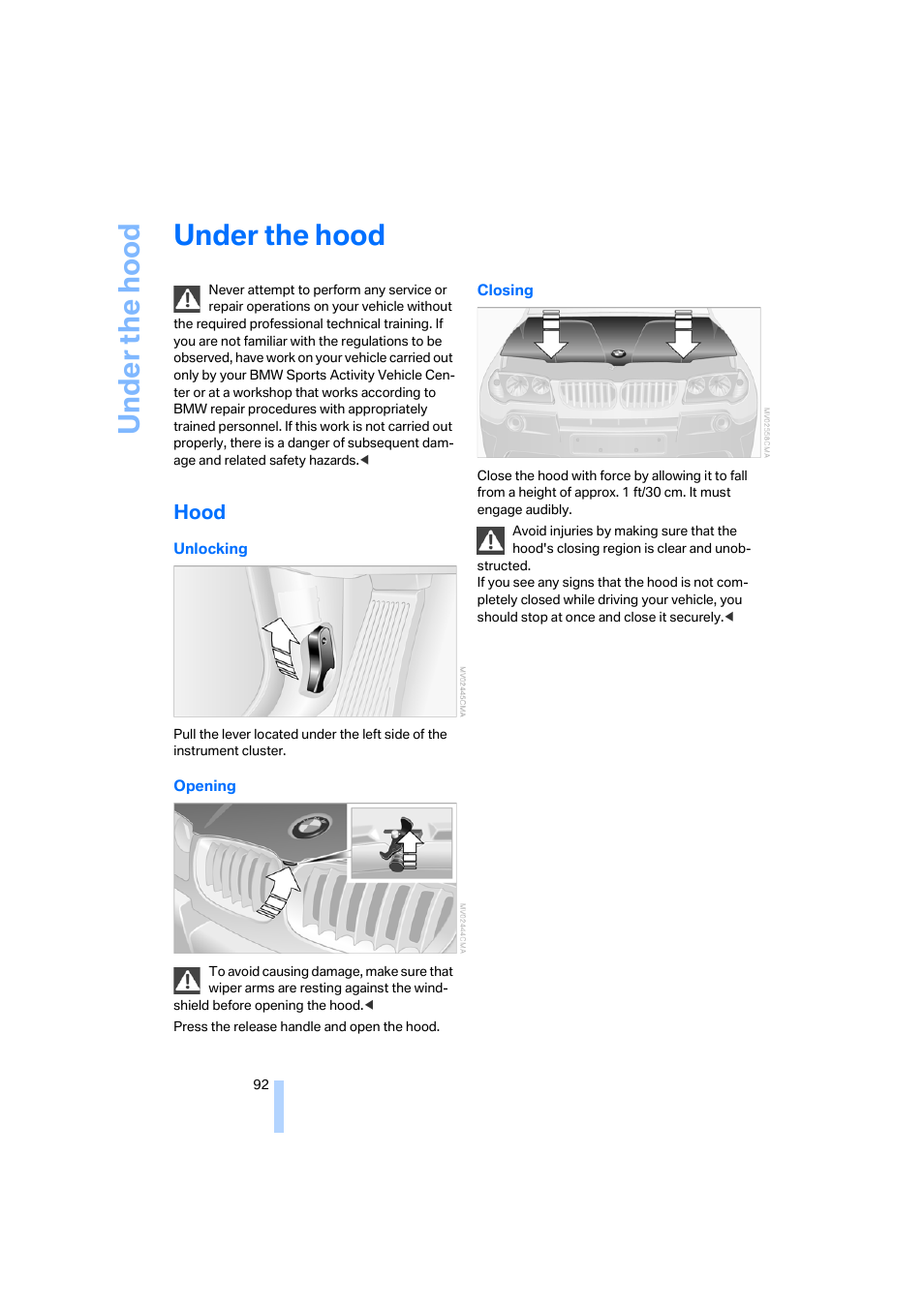 Under the hood, Hood | BMW X3 3.0i SAV 2006 User Manual | Page 94 / 133