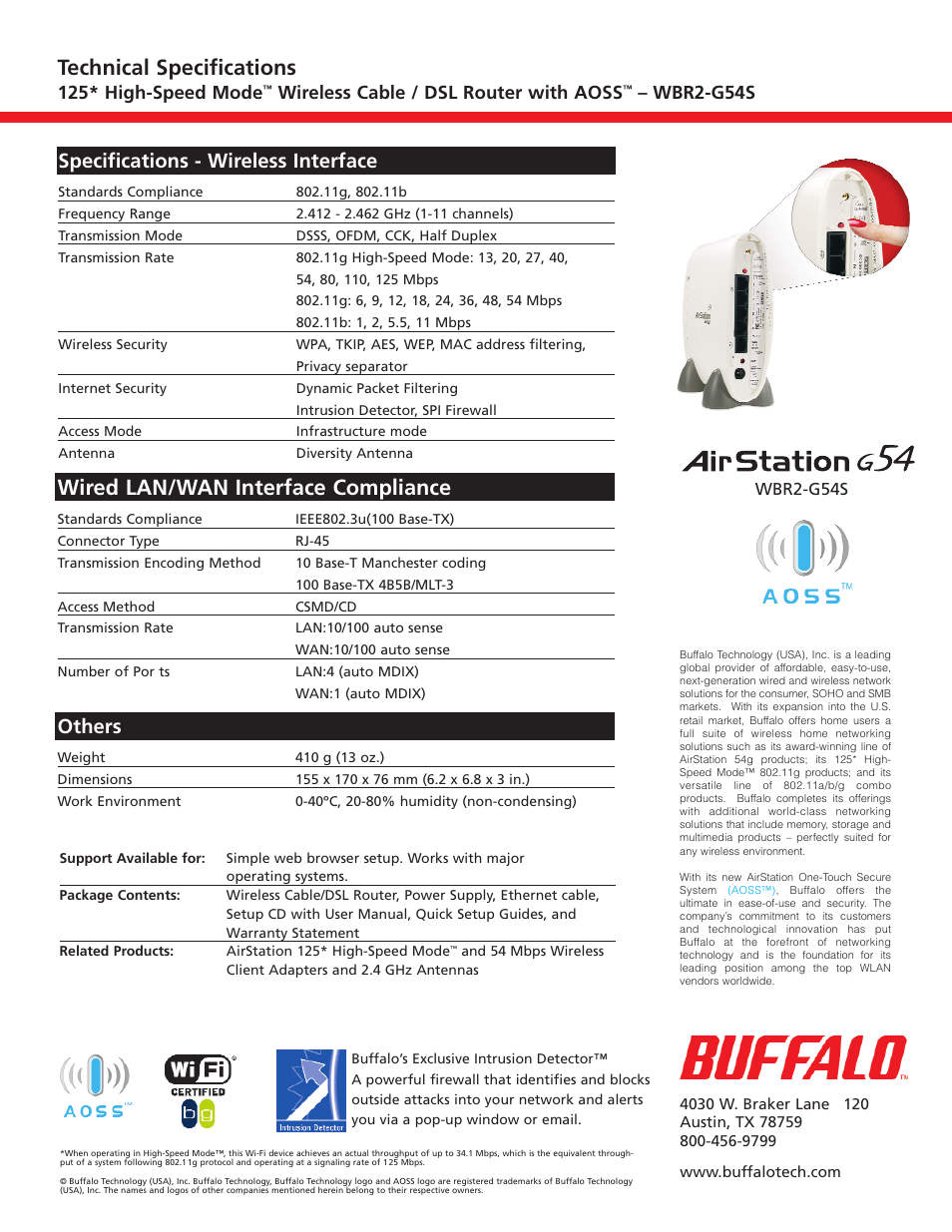 Wired lan/wan interface compliance, Technical specifications, Others | Specifications - wireless interface, 125* high-speed mode, Wireless cable / dsl router with aoss, Wbr2-g54s | Buffalo Technology Buffalo AirStation 125* High Speed Mode WBR2-G54S User Manual | Page 2 / 2