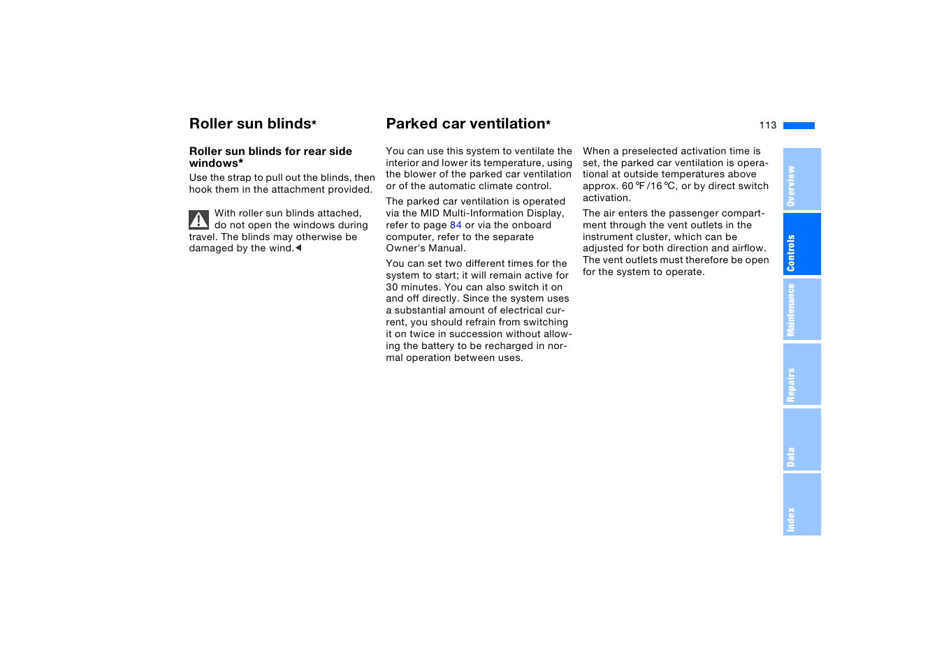 Roller sun blinds, Parked car ventilation | BMW X5 3.0i SAV 2006 User Manual | Page 113 / 202