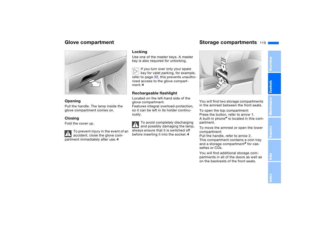 Glove compartment, Storage compartments, Glove compartment storage compartments | BMW X5 3.0i SAV 2006 User Manual | Page 119 / 202