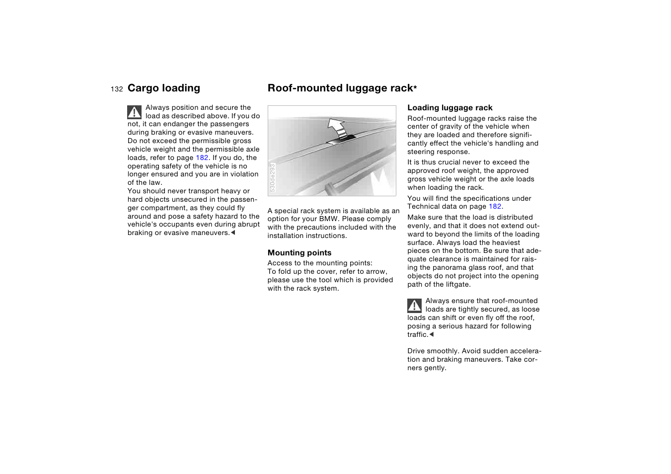 Roof-mounted luggage rack, Cargo loading roof-mounted luggage rack | BMW X5 3.0i SAV 2006 User Manual | Page 132 / 202