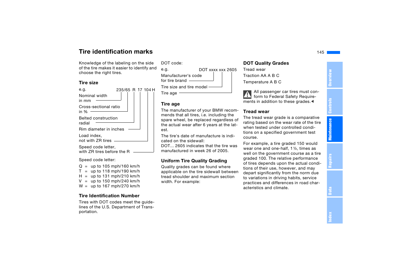 Tire identification marks | BMW X5 3.0i SAV 2006 User Manual | Page 145 / 202