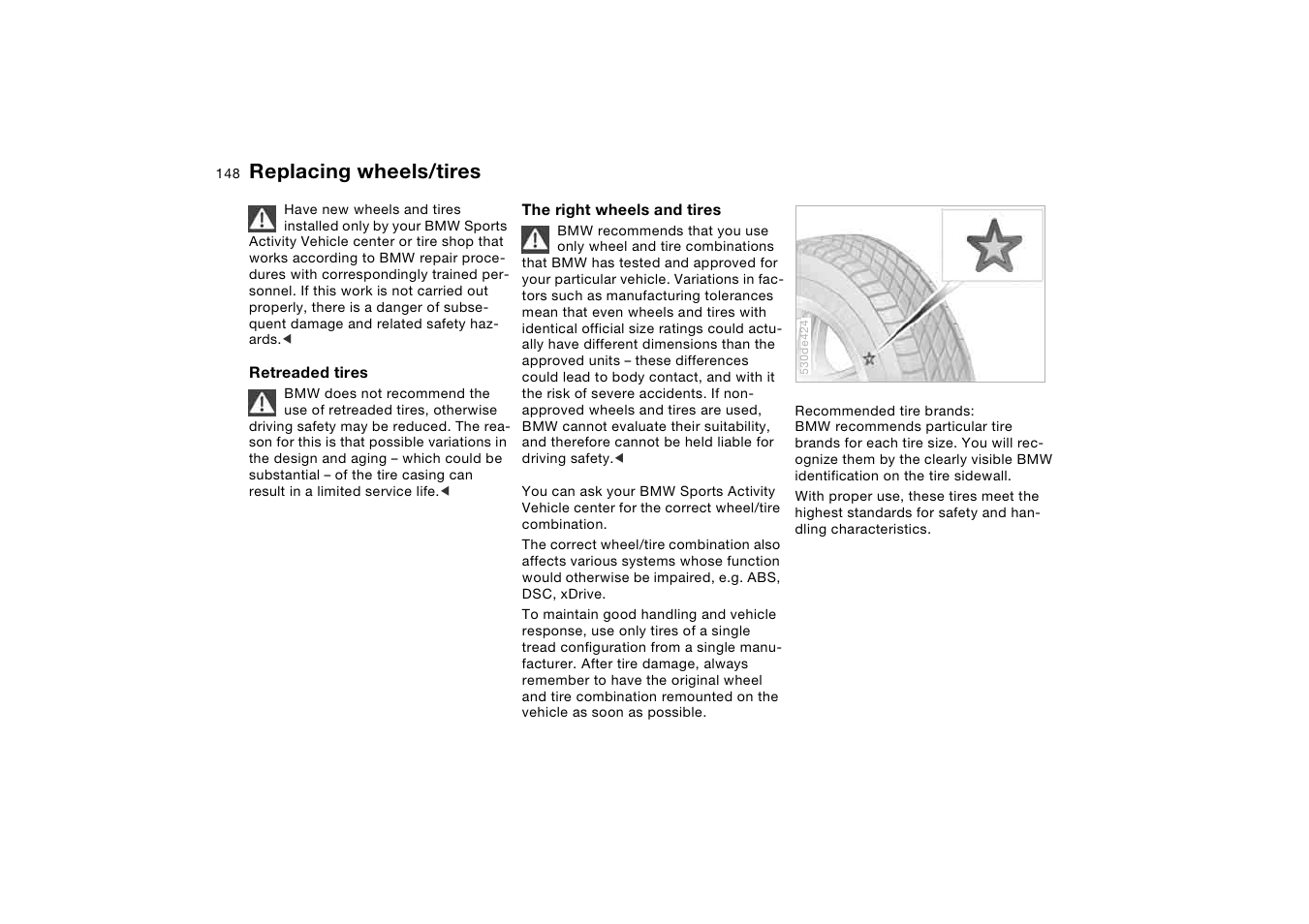 Replacing wheels/tires | BMW X5 3.0i SAV 2006 User Manual | Page 148 / 202