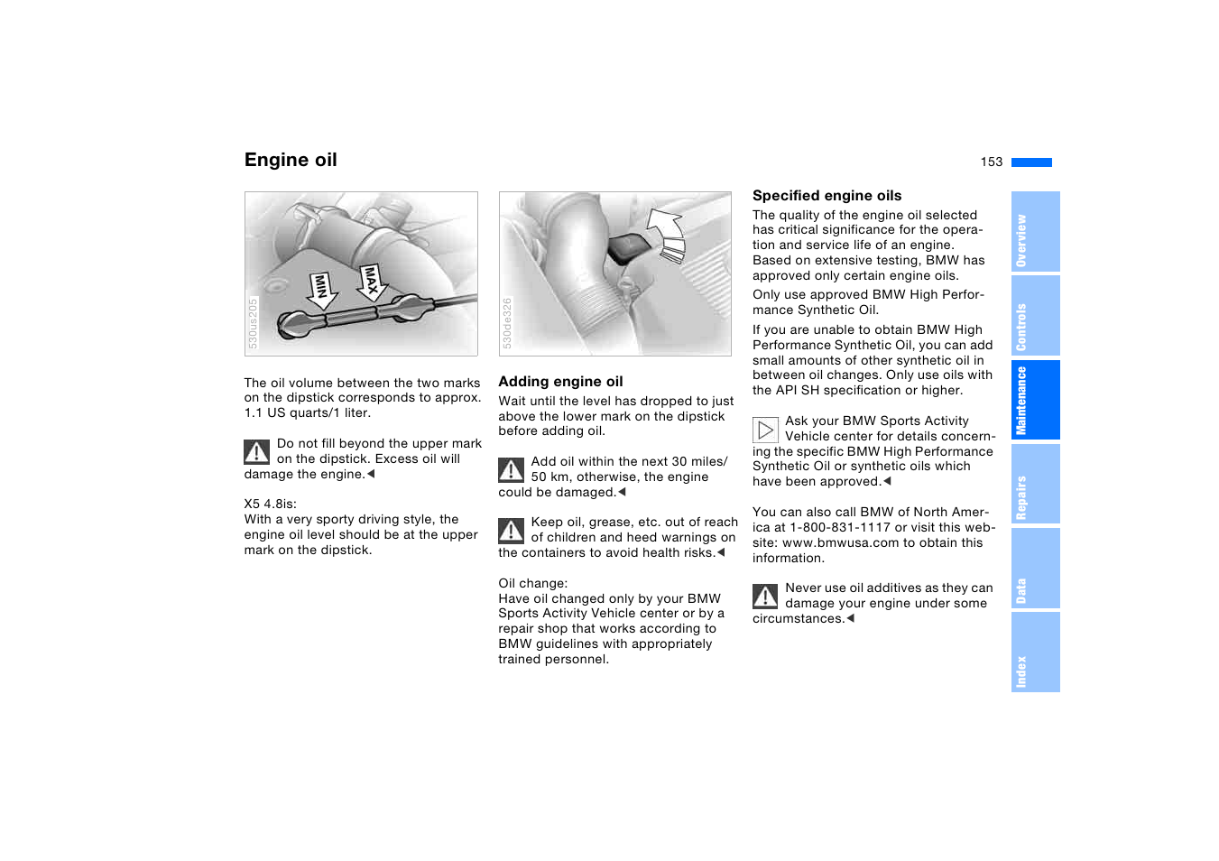 Engine oil | BMW X5 3.0i SAV 2006 User Manual | Page 153 / 202