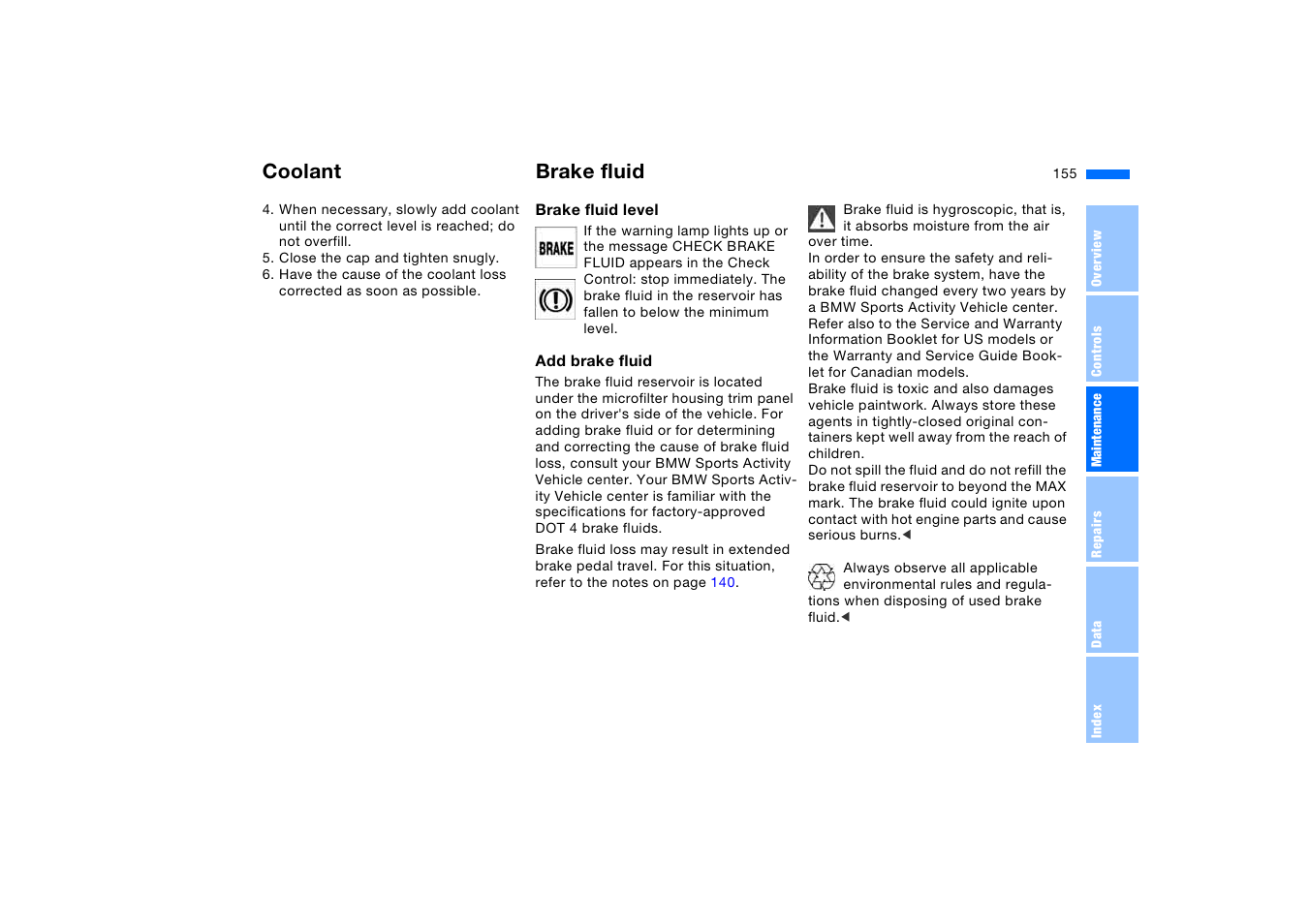 Brake fluid, Coolant brake fluid | BMW X5 3.0i SAV 2006 User Manual | Page 155 / 202