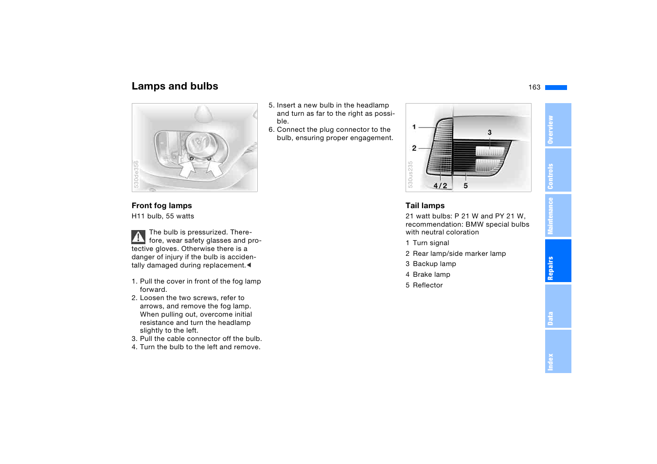 Or c, Lamps and bulbs | BMW X5 3.0i SAV 2006 User Manual | Page 163 / 202