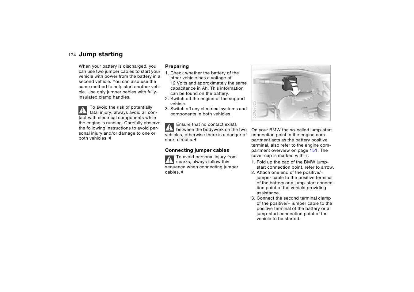 Jump starting | BMW X5 3.0i SAV 2006 User Manual | Page 174 / 202