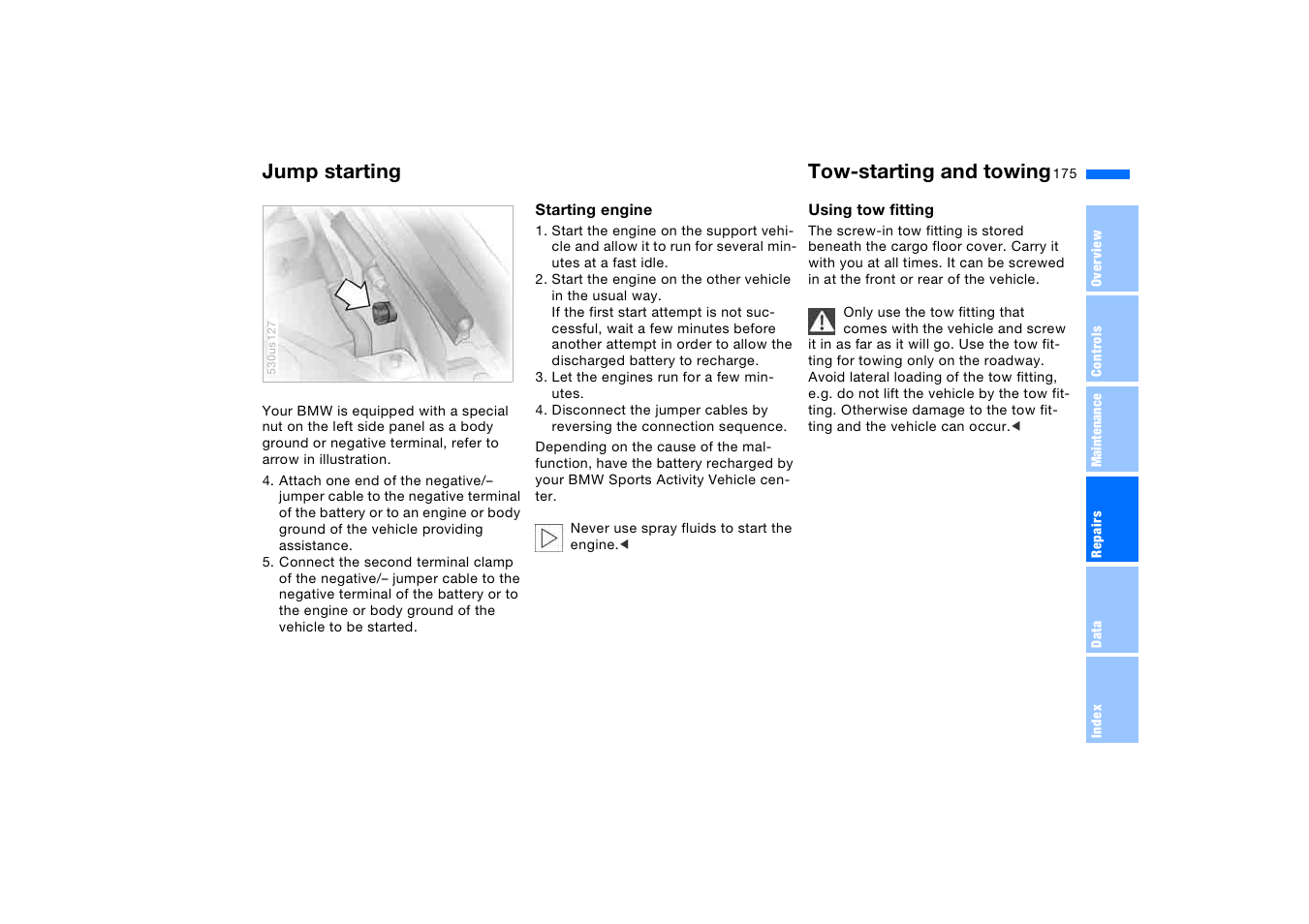 Tow-starting and towing, Jump starting tow-starting and towing | BMW X5 3.0i SAV 2006 User Manual | Page 175 / 202