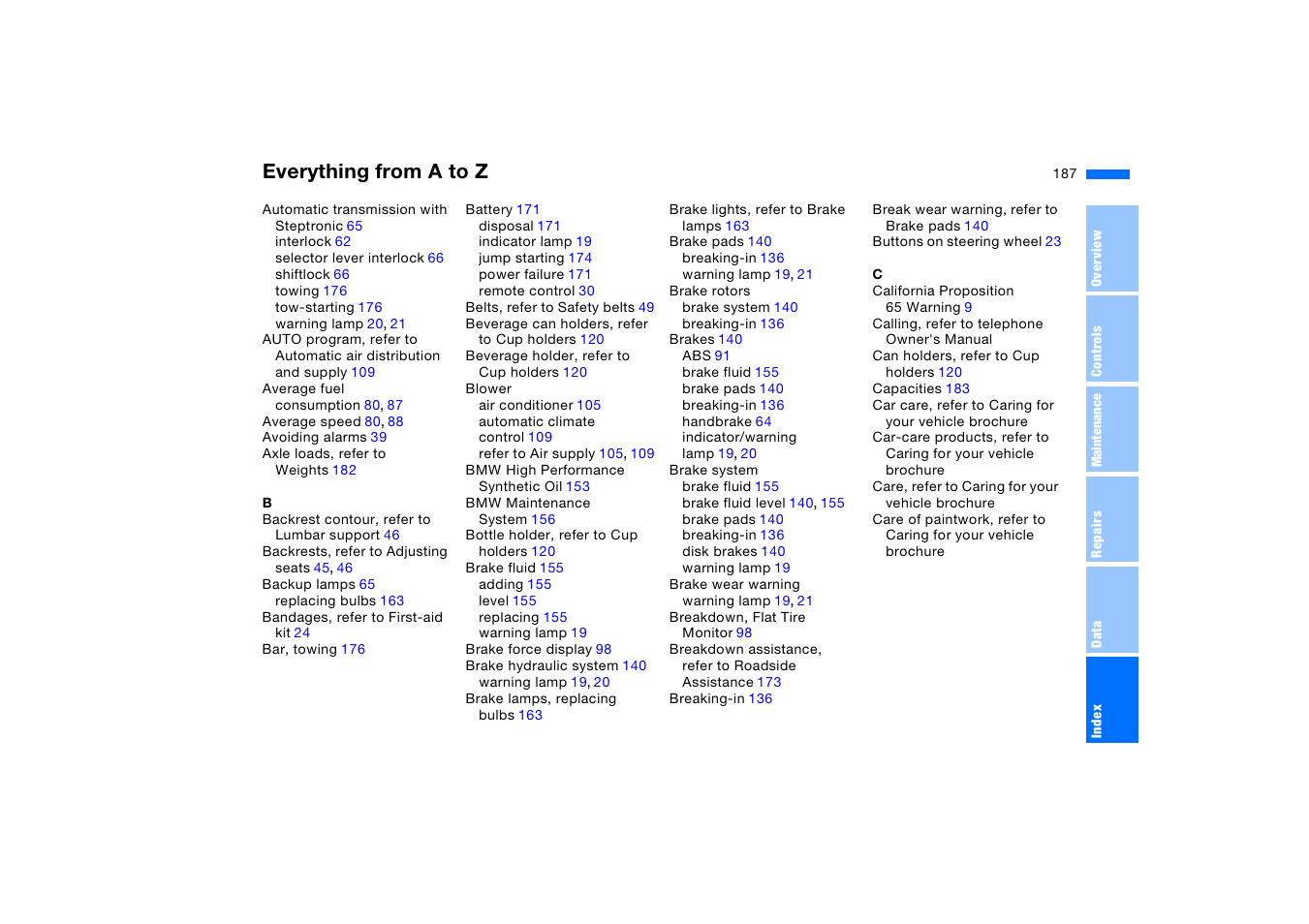 Everything from a to z | BMW X5 3.0i SAV 2006 User Manual | Page 187 / 202