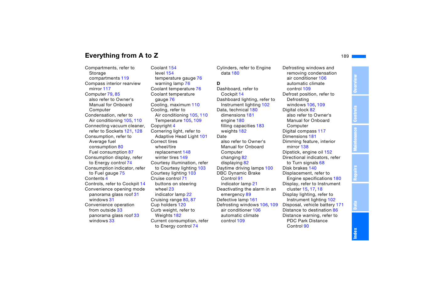 Everything from a to z | BMW X5 3.0i SAV 2006 User Manual | Page 189 / 202