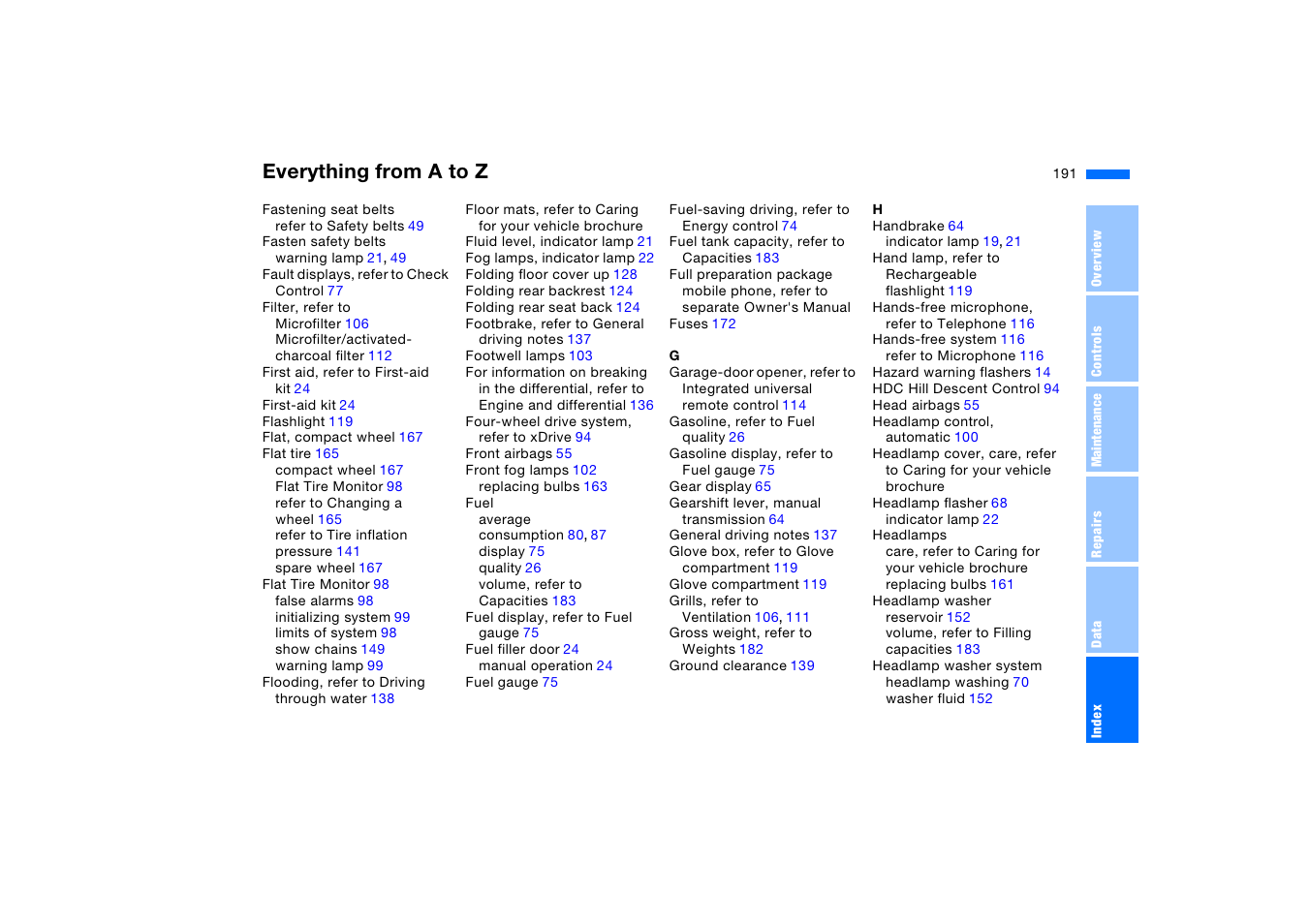 Everything from a to z | BMW X5 3.0i SAV 2006 User Manual | Page 191 / 202