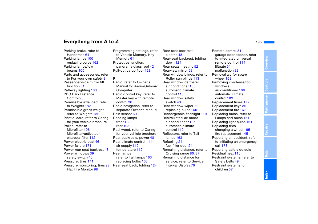 Everything from a to z | BMW X5 3.0i SAV 2006 User Manual | Page 195 / 202