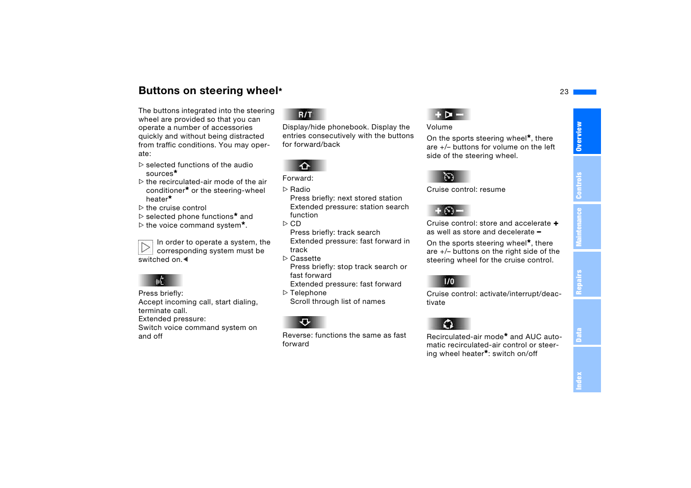 Buttons on steering wheel | BMW X5 3.0i SAV 2006 User Manual | Page 23 / 202