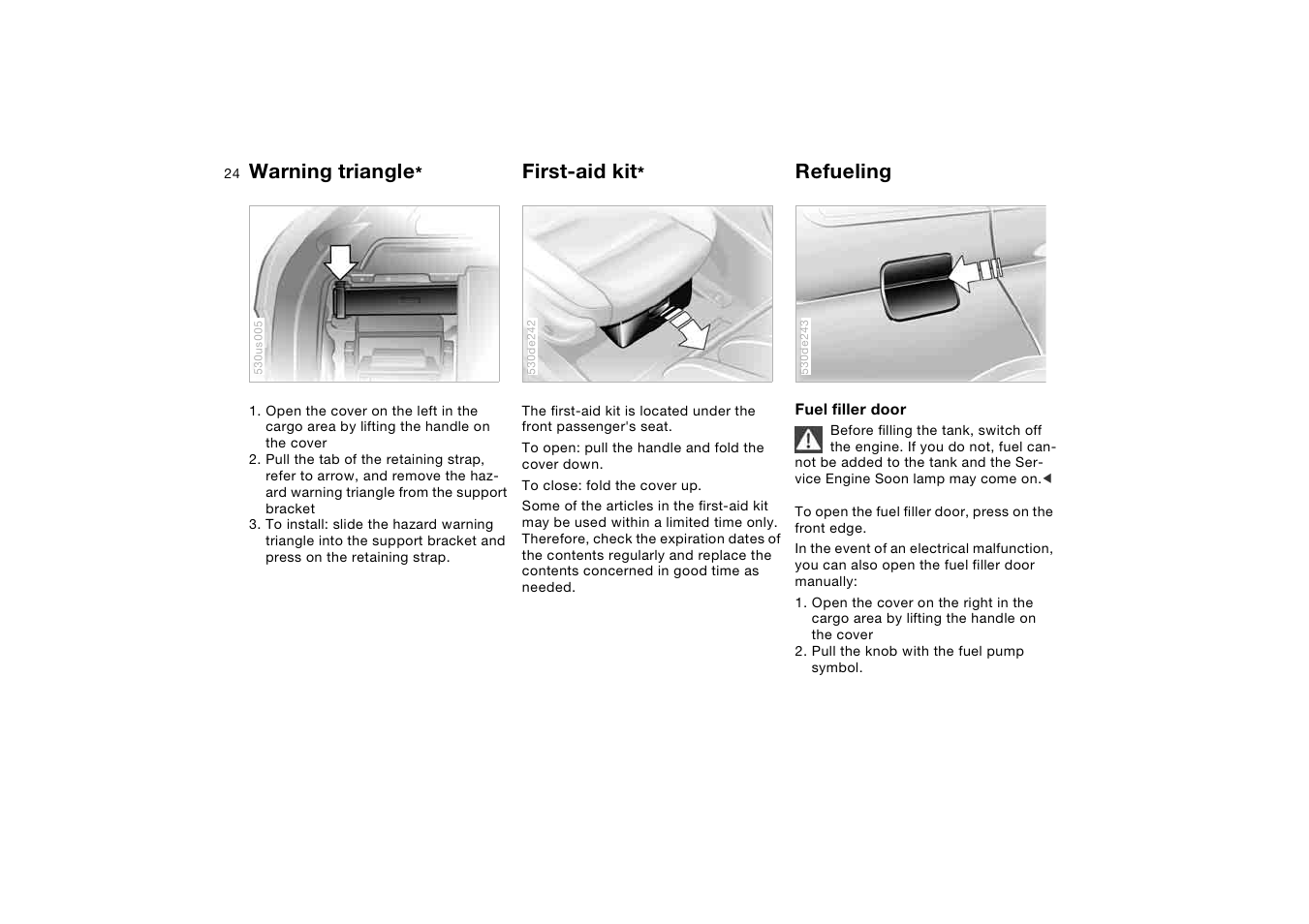 Warning triangle, First-aid kit, Refueling | BMW X5 3.0i SAV 2006 User Manual | Page 24 / 202