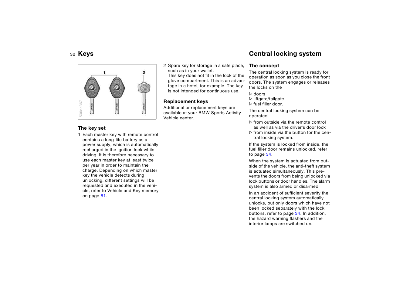 Keys, Central locking system, Keys central locking system | BMW X5 3.0i SAV 2006 User Manual | Page 30 / 202