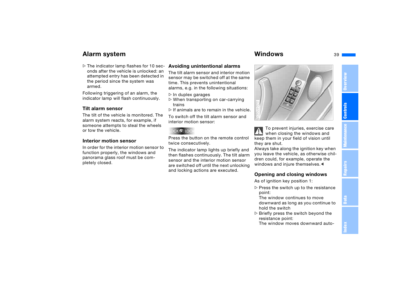 Windows, Alarm system windows | BMW X5 3.0i SAV 2006 User Manual | Page 39 / 202