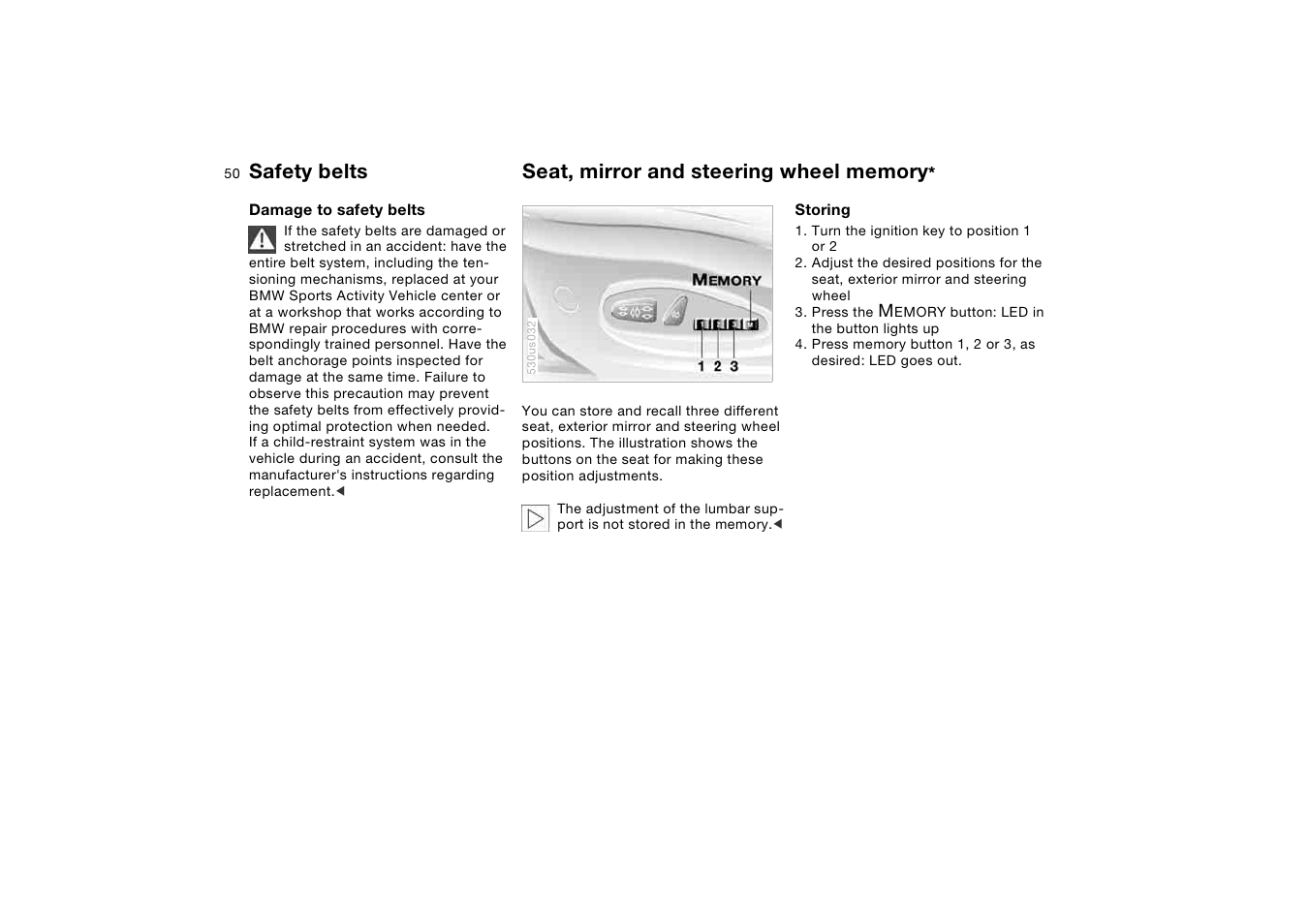 Seat, mirror and steering wheel memory | BMW X5 3.0i SAV 2006 User Manual | Page 50 / 202