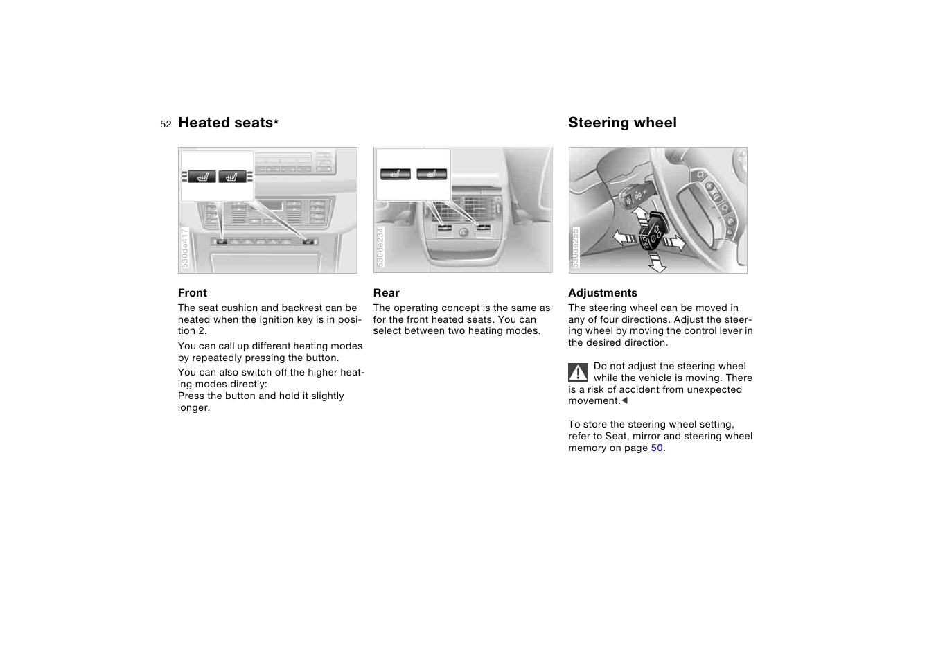 Heated seats, Steering wheel | BMW X5 3.0i SAV 2006 User Manual | Page 52 / 202