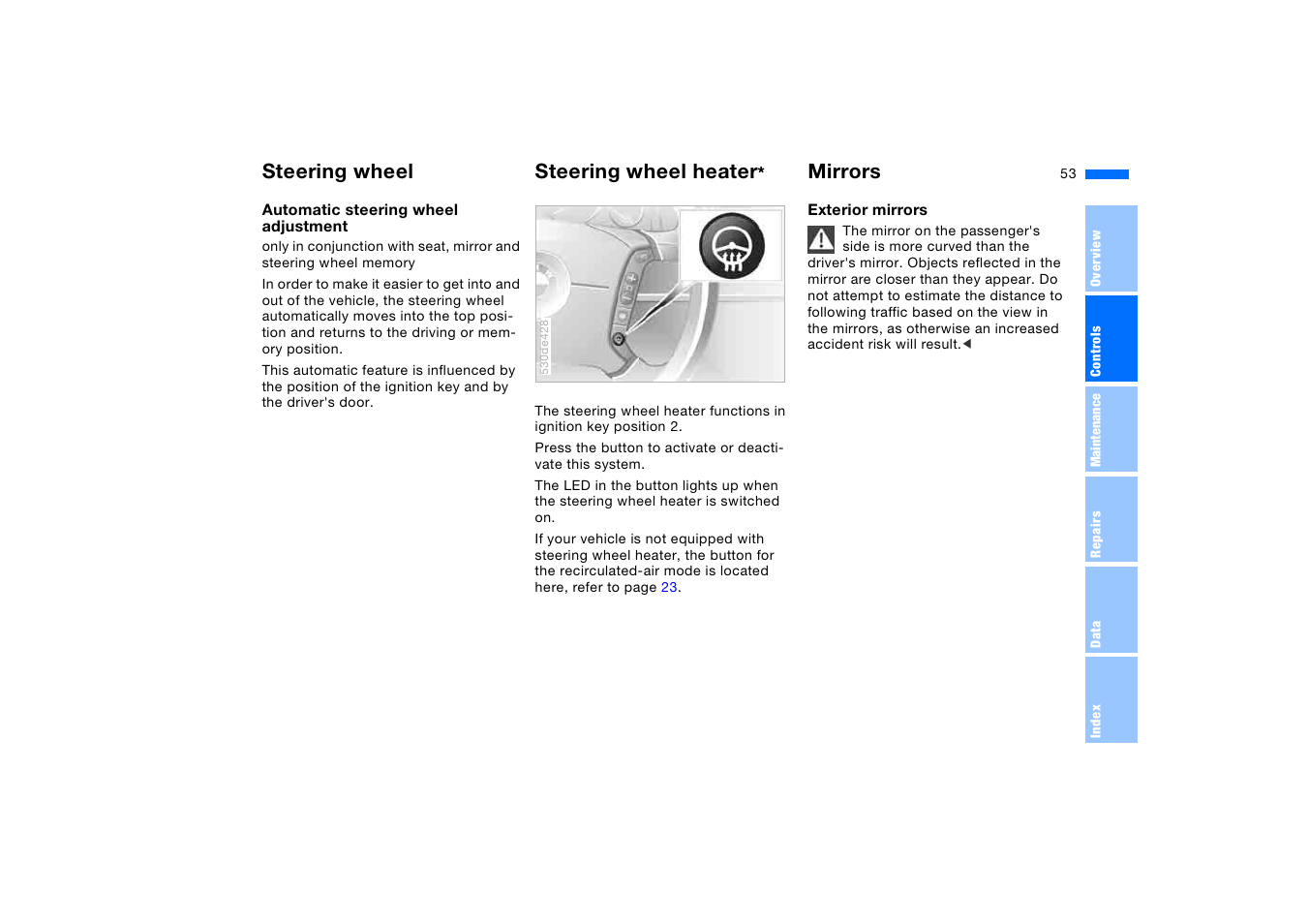 Steering wheel heater, Mirrors, Steering wheel steering wheel heater | BMW X5 3.0i SAV 2006 User Manual | Page 53 / 202