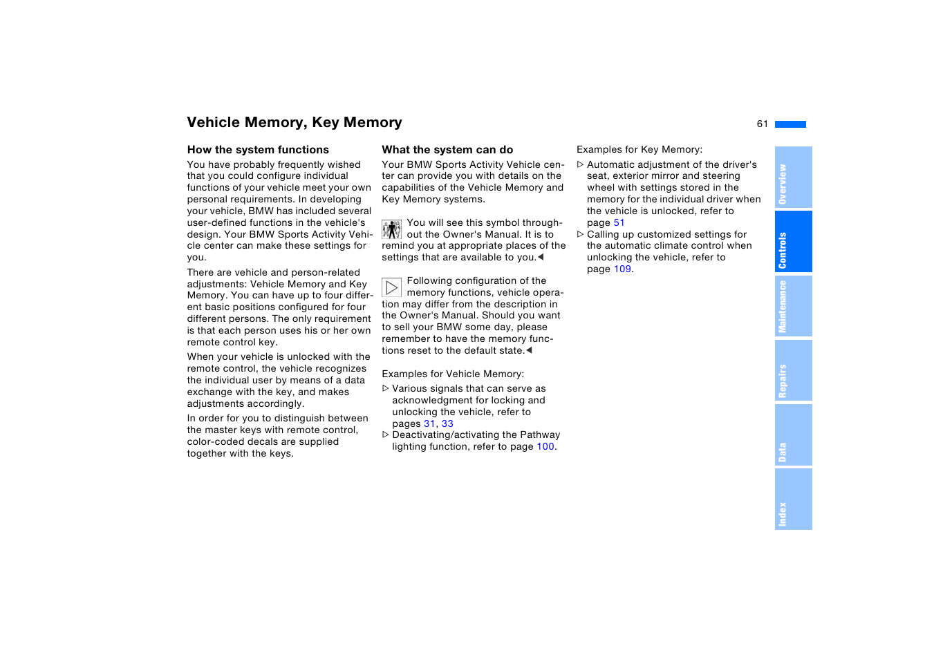 Vehicle memory, key memory, Vehicle memory, Key memory | BMW X5 3.0i SAV 2006 User Manual | Page 61 / 202