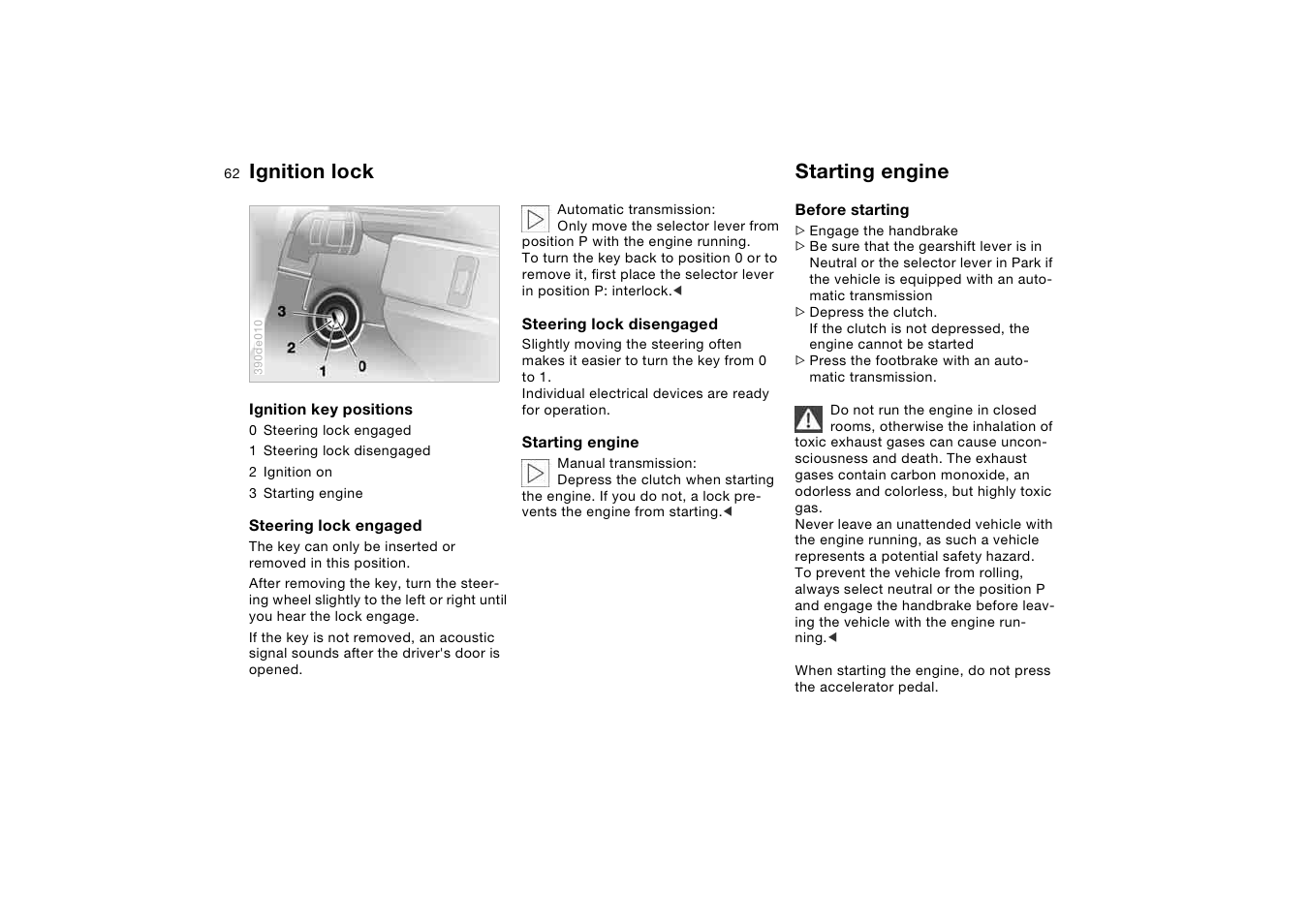 Ignition lock, Starting engine, Ignition lock starting engine | BMW X5 3.0i SAV 2006 User Manual | Page 62 / 202