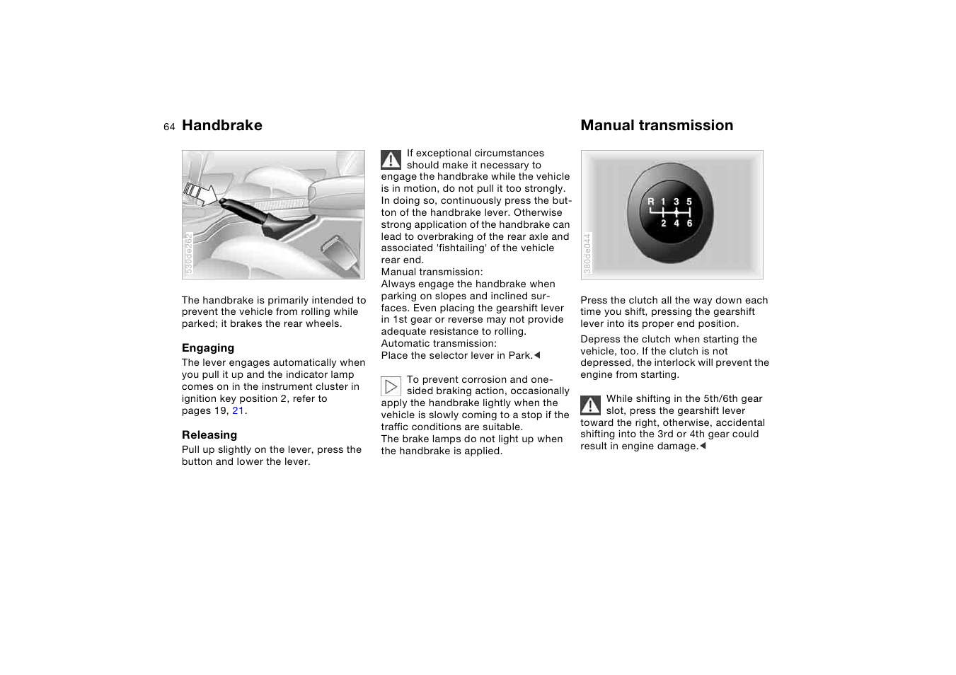 Handbrake, Manual transmission, Handbrake manual transmission | BMW X5 3.0i SAV 2006 User Manual | Page 64 / 202