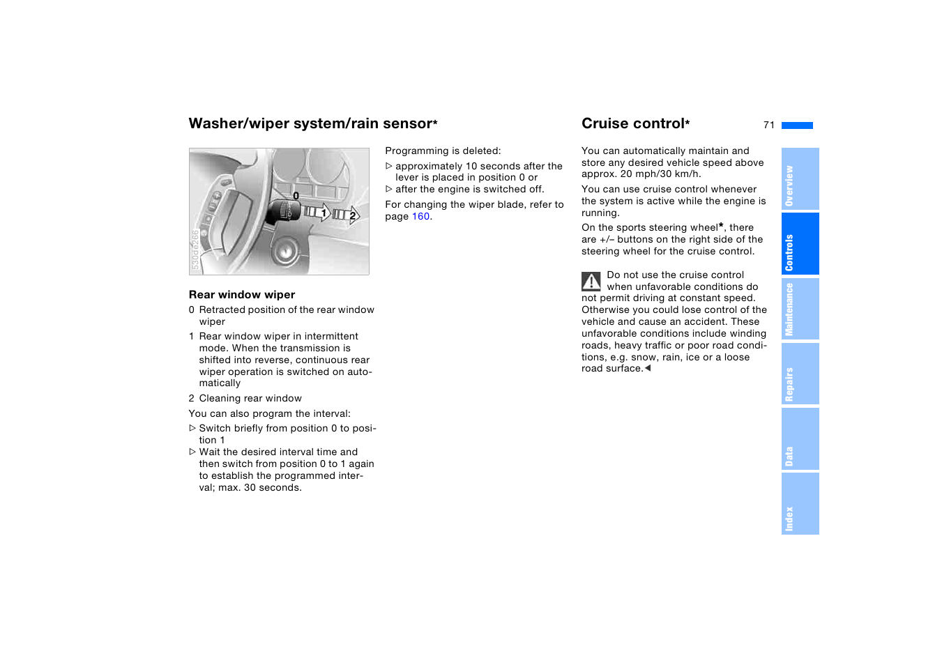 Cruise control, Washer/wiper system/rain sensor | BMW X5 3.0i SAV 2006 User Manual | Page 71 / 202