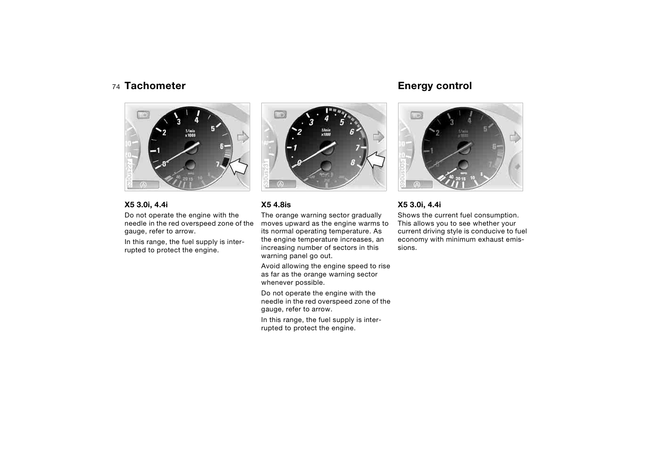 Tachometer, Energy control, Tachometer energy control | BMW X5 3.0i SAV 2006 User Manual | Page 74 / 202