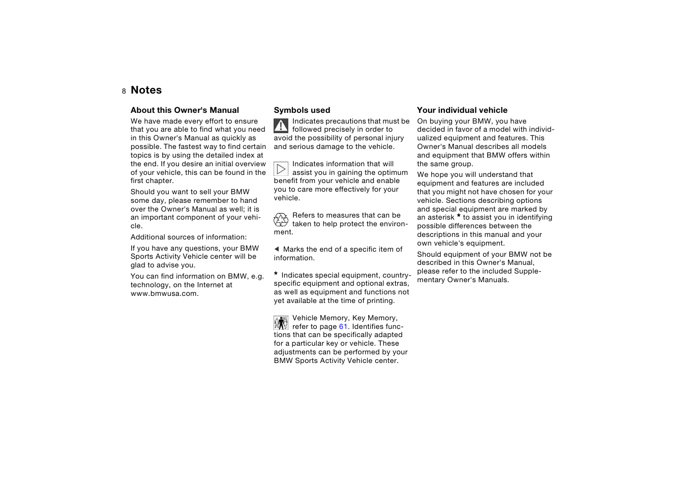 Notes, About this owner's manual, Symbols used | Your individual vehicle | BMW X5 3.0i SAV 2006 User Manual | Page 8 / 202