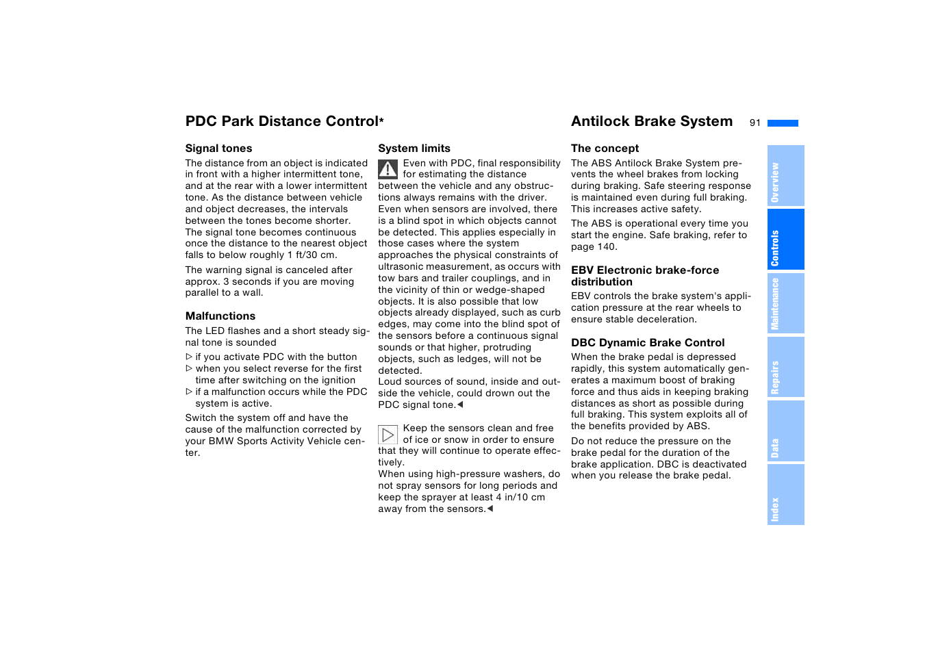 Antilock brake system, Pdc park distance control | BMW X5 3.0i SAV 2006 User Manual | Page 91 / 202