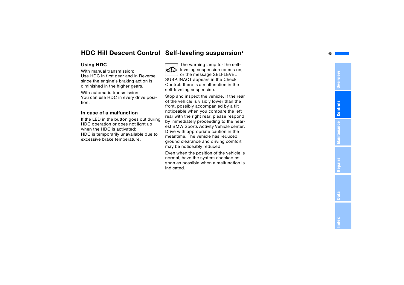Self-leveling suspension, Hdc hill descent control self-leveling suspension | BMW X5 3.0i SAV 2006 User Manual | Page 95 / 202