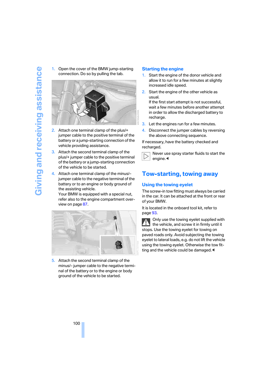 Tow-starting, towing away, Giving and receiving as sistance | BMW Z4 Coupe 2006 User Manual | Page 102 / 128