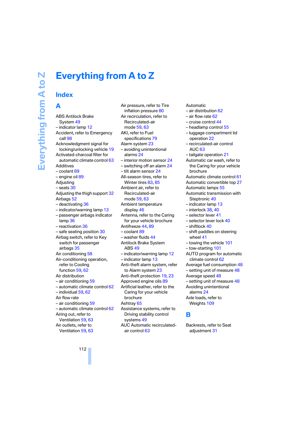 Everything from a to z, Index, Index a | BMW Z4 Coupe 2006 User Manual | Page 114 / 128