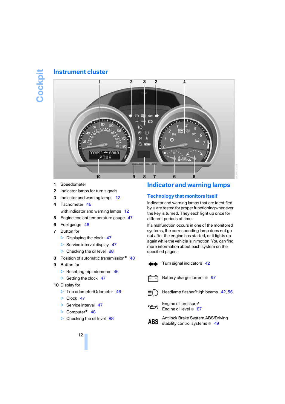 Instrument cluster, Indicator and warning lamps, Cockpit | BMW Z4 Coupe 2006 User Manual | Page 14 / 128